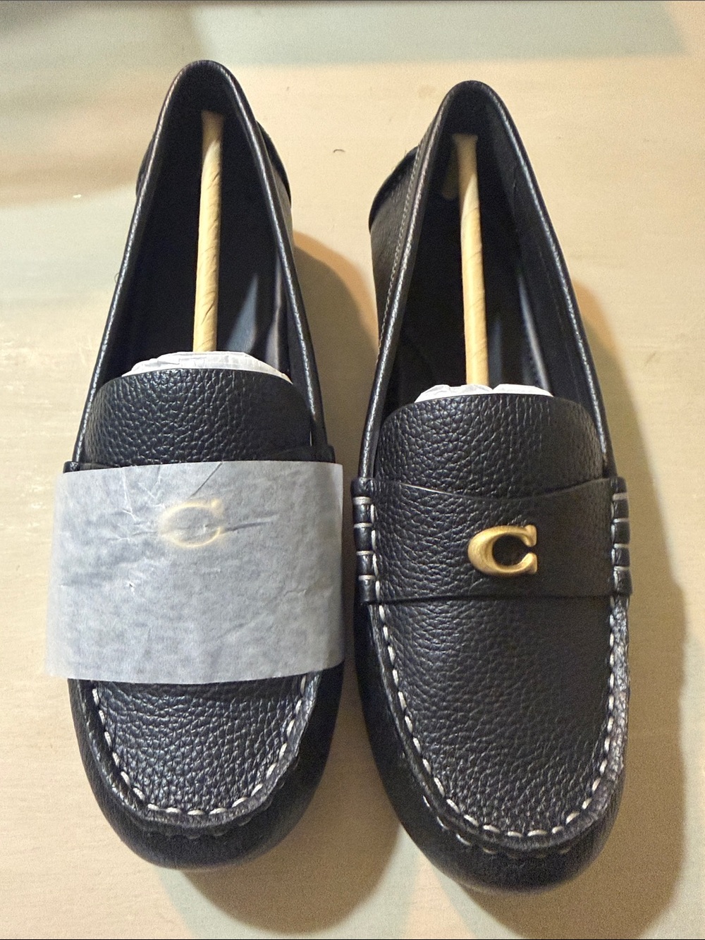 Coach Black Pebble Leather Loafers with Gold 'C' Accent
